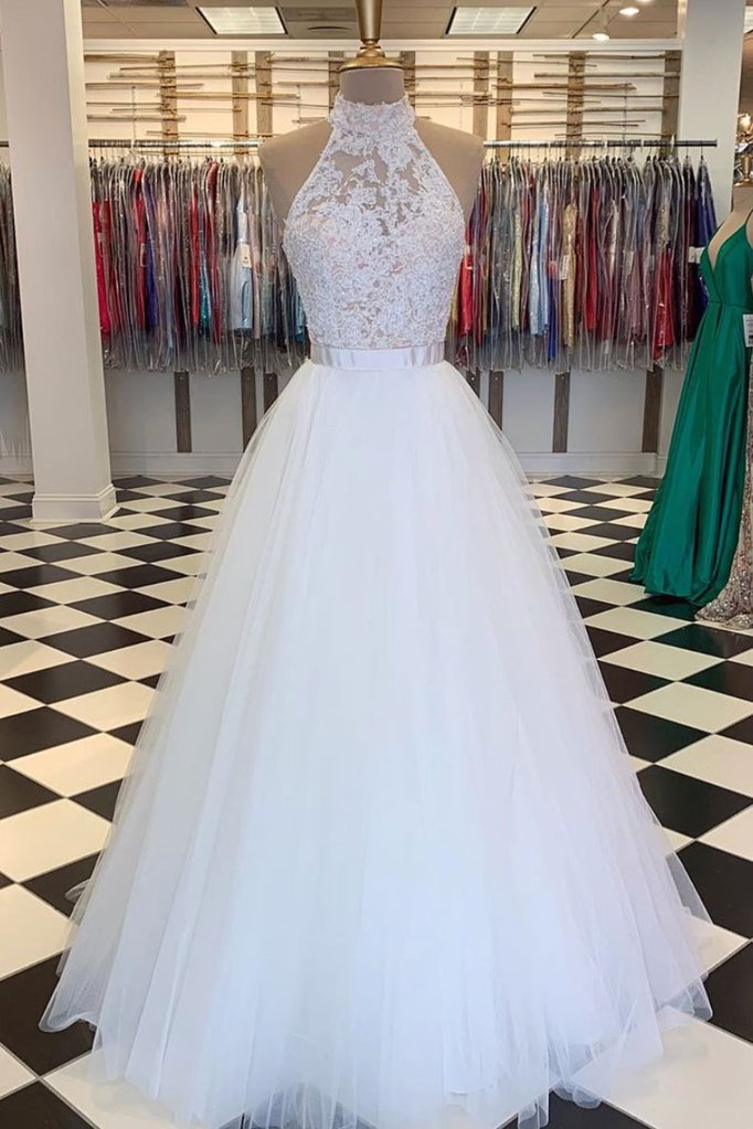 Appliques Zipper Back White High Neck Tulle Prom Dress With Belt