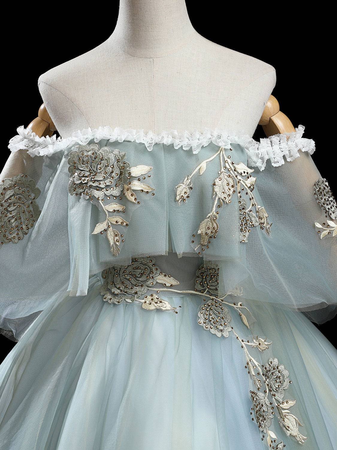 Gray green tulle lace long prom dress, green tulle formal dress - RongMoon