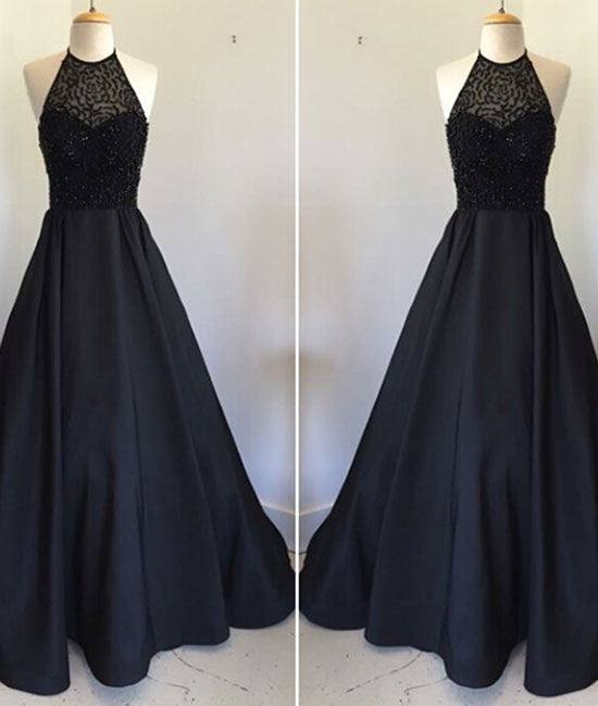Black round neck satin long prom dress, black evening dress - RongMoon