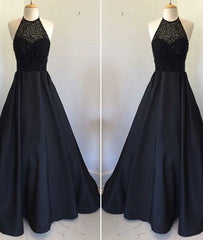 Black round neck satin long prom dress, black evening dress - RongMoon