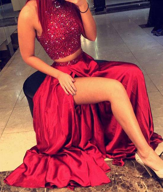 Custom Made Red Sequin 2 Piece Long Prom Dress, Evening Dresses - RongMoon