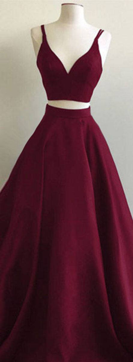 Simple two pieces burgundy long prom dress, burgundy evening dress - RongMoon