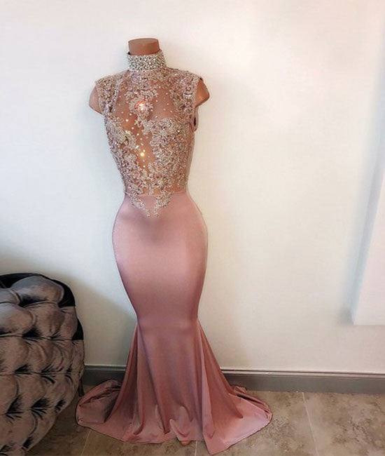 Unique hight neck sequin long prom dress, mermaid evening dress - RongMoon