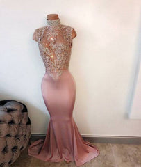 Unique hight neck sequin long prom dress, mermaid evening dress - RongMoon