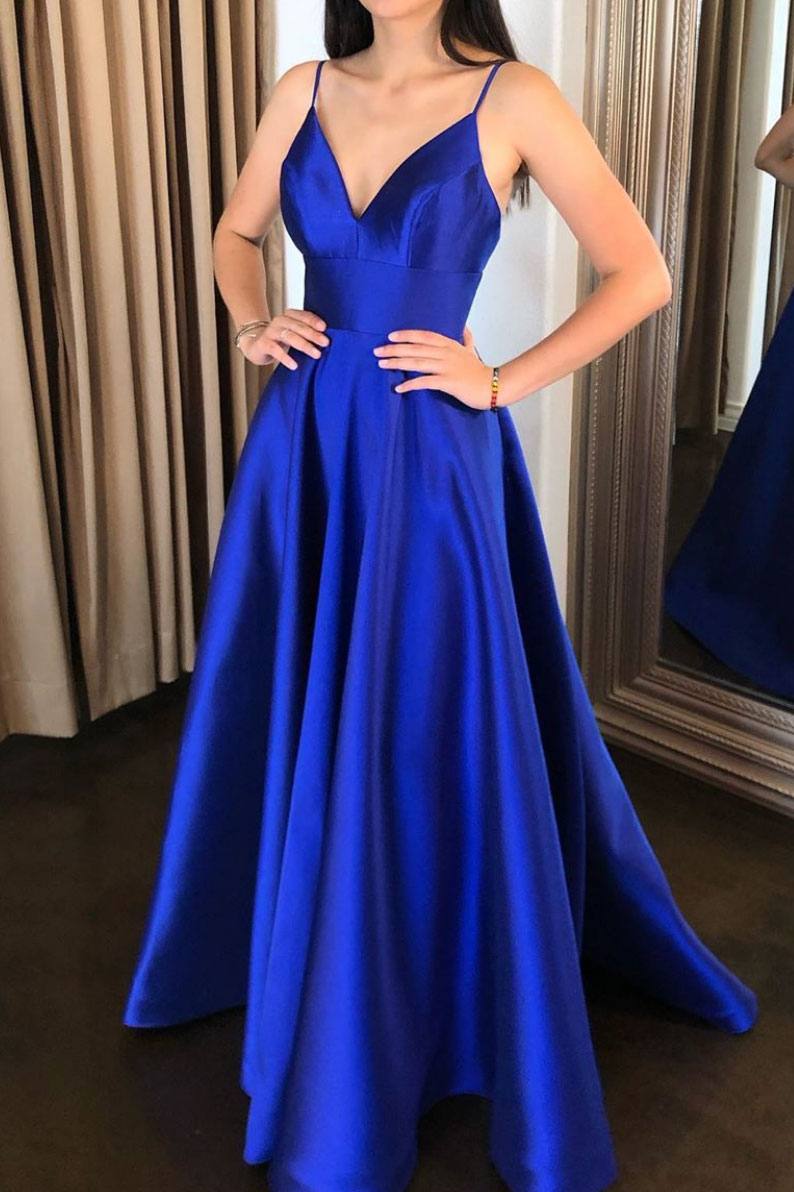 Simple v neck blue satin long prom dress blue evening dress - RongMoon