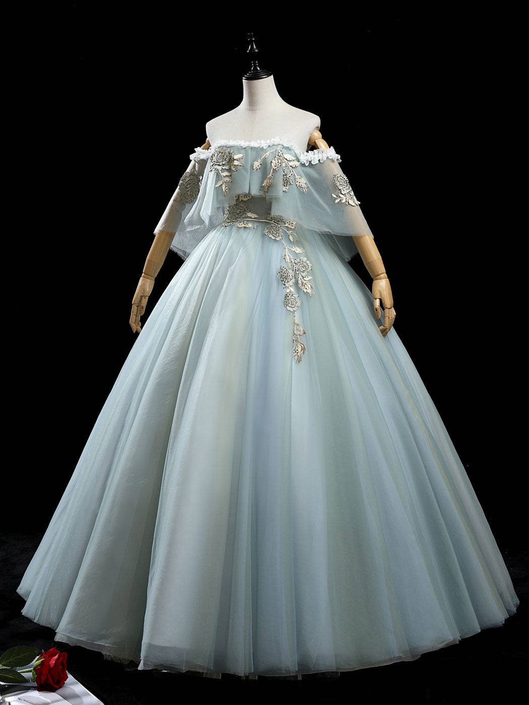 Gray green tulle lace long prom dress, green tulle formal dress - RongMoon