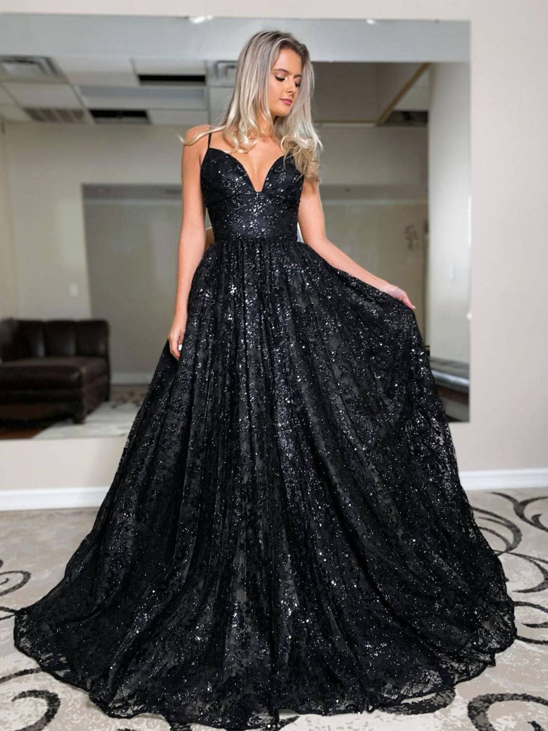 Black A line tulle sequin long prom dress, black tulle formal dress - RongMoon