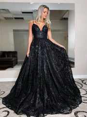 Black A line tulle sequin long prom dress, black tulle formal dress - RongMoon