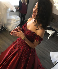 Maroon Satin Wedding Dresses Ball Gowns Lace Off Shoulder
