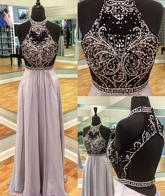 Unique high neck sequin long prom dress, sequin evening dress - RongMoon