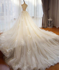 Unique Long Sleeve Champagne Tulle Wedding Dress