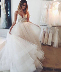 Custom made v neck tulle sequin white long prom dress - RongMoon