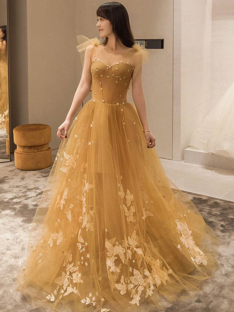 Elegant sweetheart neck tulle lace long prom dress, lace evening dress - RongMoon