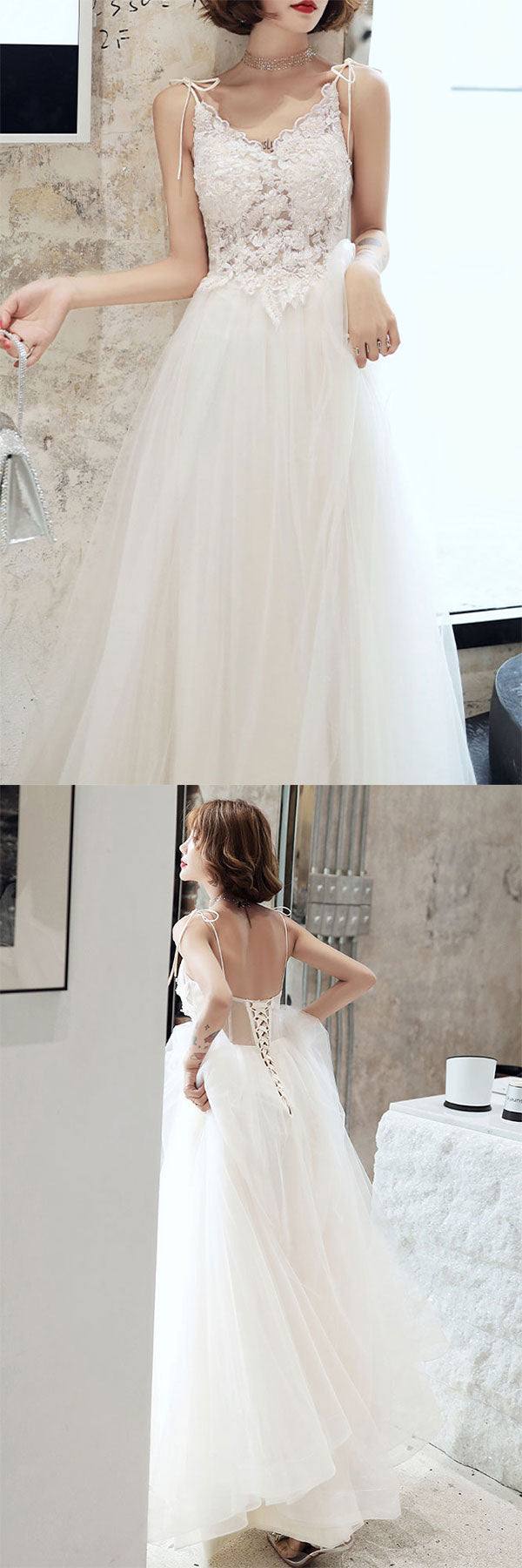 White lace tulle long prom dress white tulle lone evening dress - RongMoon