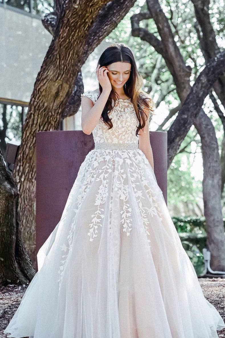 Champagne tulle lace long prom dress champagne evening dress - RongMoon