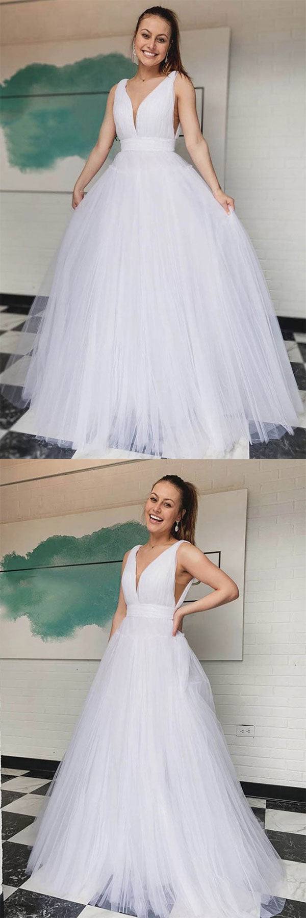 Simple v neck white tulle long prom dress white long evening dress - RongMoon