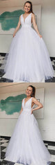 Simple v neck white tulle long prom dress white long evening dress - RongMoon