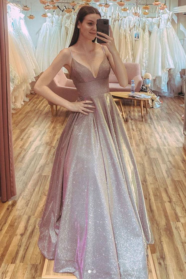 Champagne v neck sequin long prom dress sequin formal dress - RongMoon