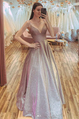 Champagne v neck sequin long prom dress sequin formal dress - RongMoon