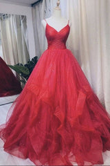 Burgundy v neck tulle long prom dress tulle formal dress - RongMoon