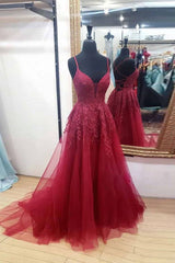 Burgundy sweetheart tulle lace long prom dress formal dress - RongMoon