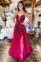Burgundy v neck tulle lace long prom dress burgundy evening dress - RongMoon