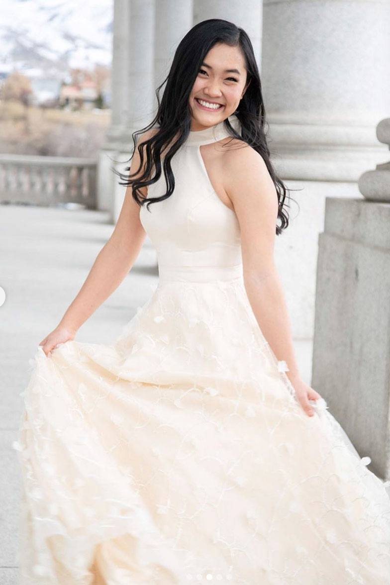 Beige tulle lace long prom dress tulle lace evening dress - RongMoon