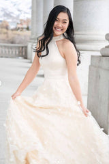 Beige tulle lace long prom dress tulle lace evening dress - RongMoon