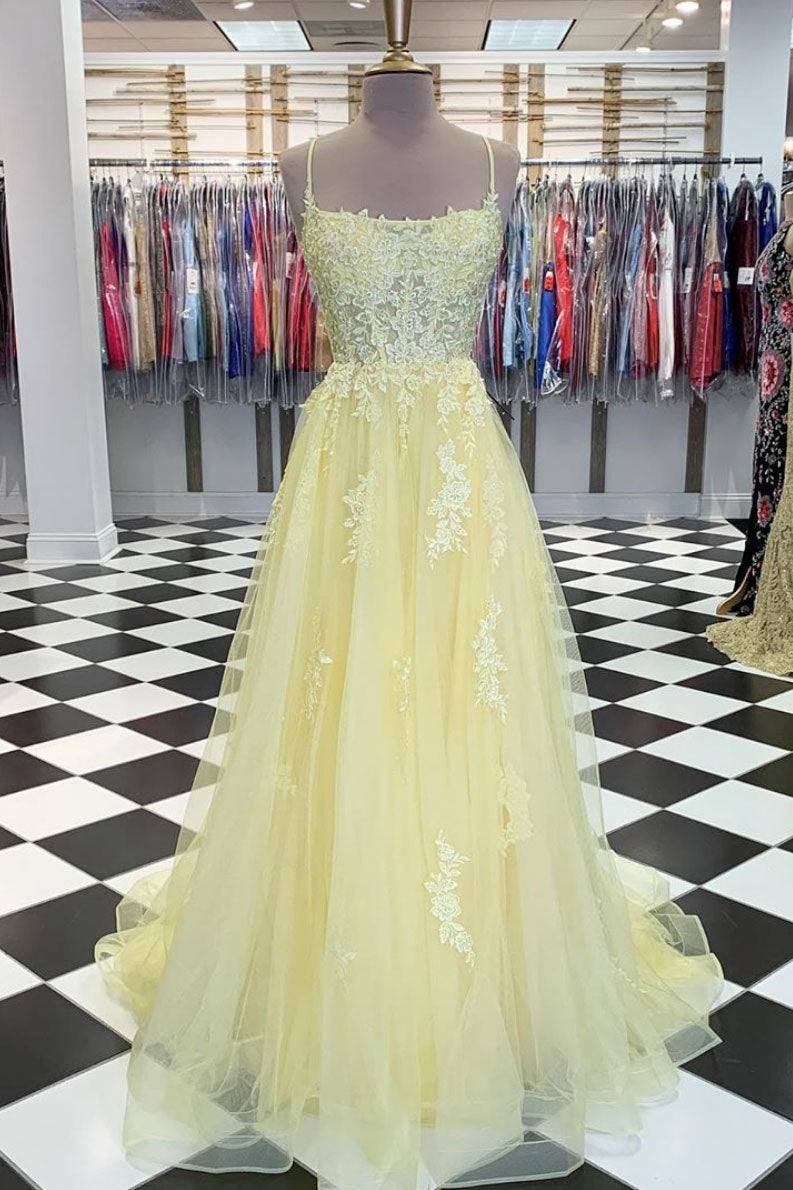 Yellow tulle lace long prom dress yellow lace formal dress - RongMoon