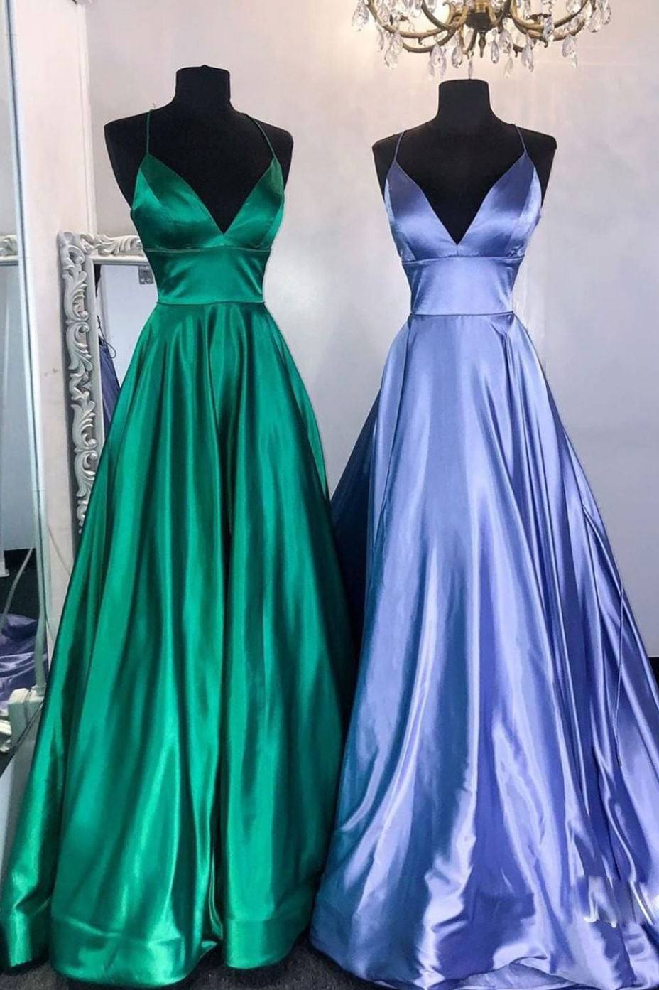 Simple v neck satin long prom dress satin evening dress - RongMoon