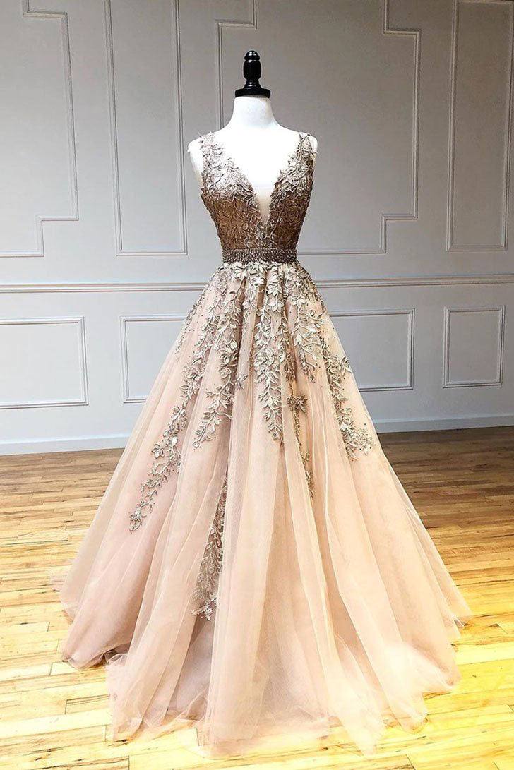 Champagne v neck tulle lace beads long prom dress tulle formal dress - RongMoon