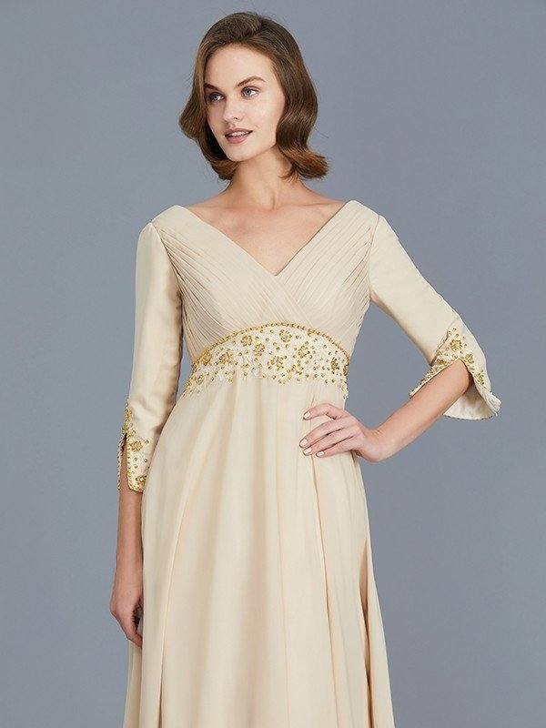A-Line/Princess V-neck Ruffles Chiffon Floor-Length Mother of the Bride Dresses - RongMoon