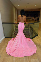 Pink Sequins V-Neck Beading Mermaid Prom Dress