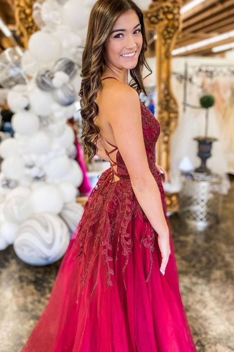 Burgundy v neck tulle lace long prom dress burgundy evening dress - RongMoon