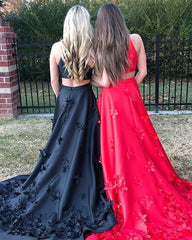Applique Long A-Line Red Halter Satin Prom Dress