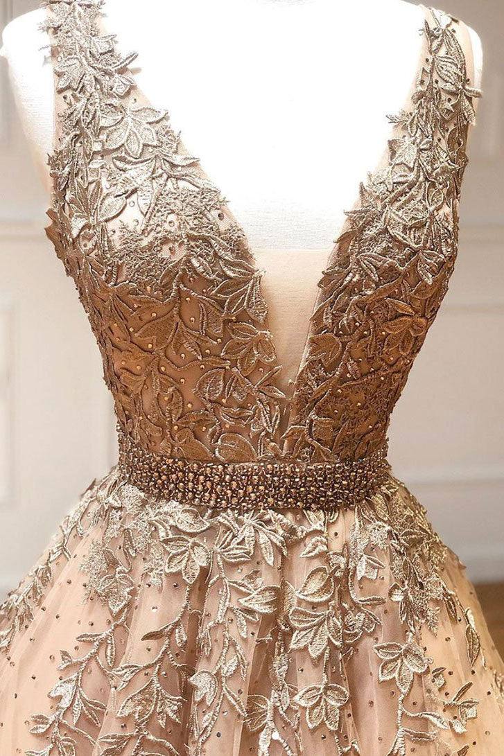 Champagne v neck tulle lace beads long prom dress tulle formal dress - RongMoon