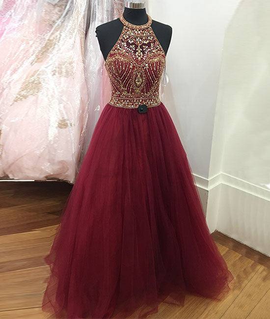 Burgundy o neck sequin beads tulle prom dress, burgundy evening dress - RongMoon