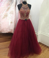 Burgundy o neck sequin beads tulle prom dress, burgundy evening dress - RongMoon