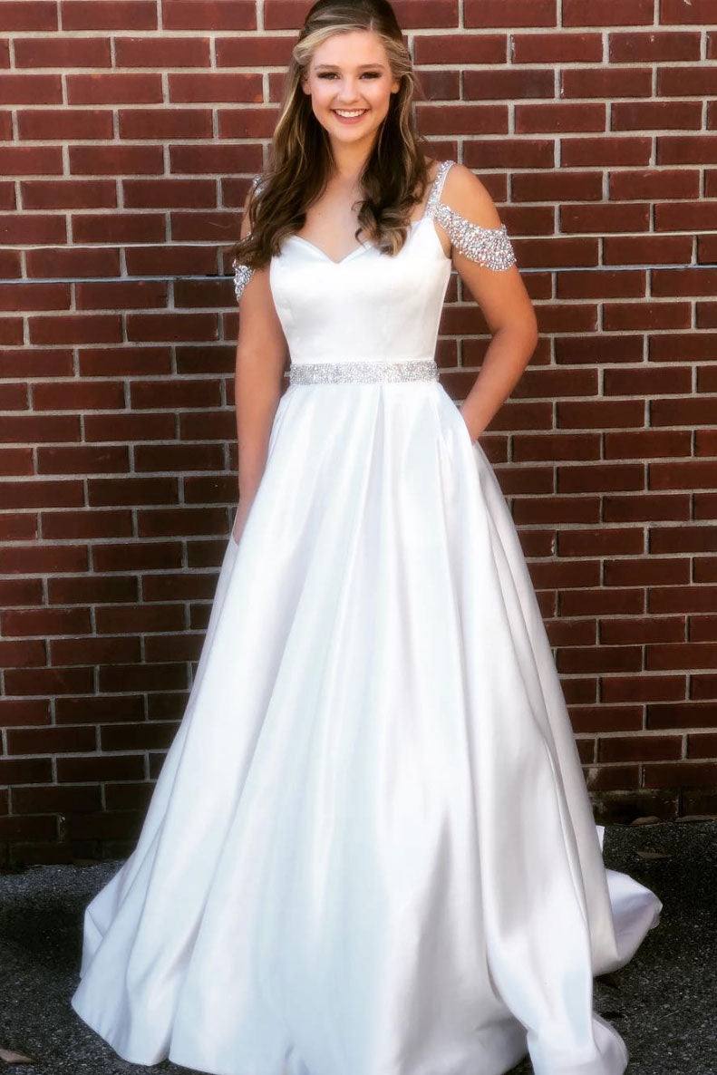 White v neck satin sequin beads long prom dress white evening dress - RongMoon
