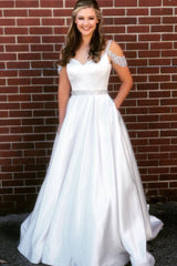 White v neck satin sequin beads long prom dress white evening dress - RongMoon