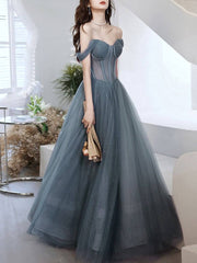 Gray blue tulle long prom dress, gray tulle formal dress - RongMoon