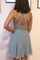 Gray chiffon lace short prom dress gray lace homecoming dress - RongMoon