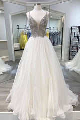 White v neck tulle long prom dress white tulle formal dress - RongMoon