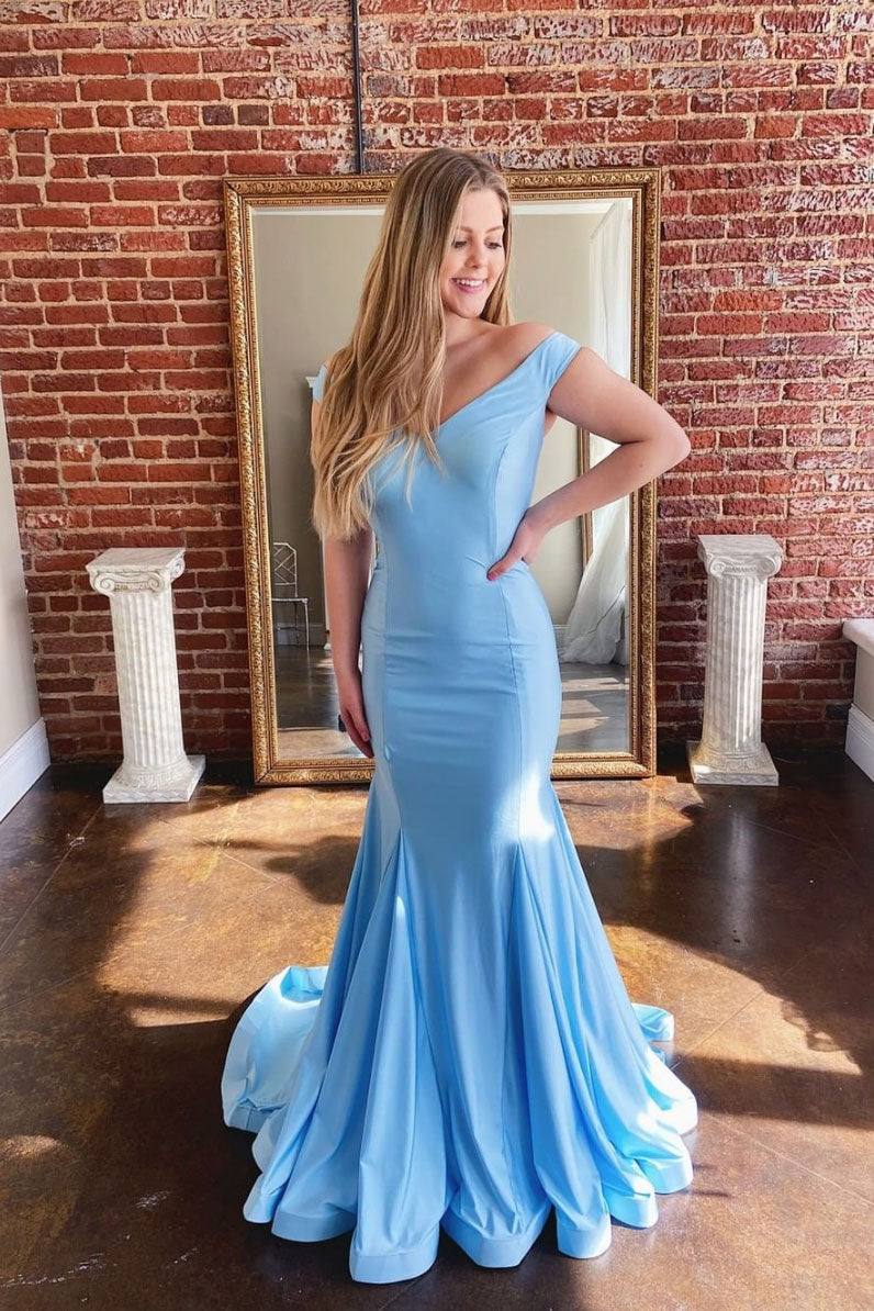 Blue satin long prom dress blue formal dress - RongMoon