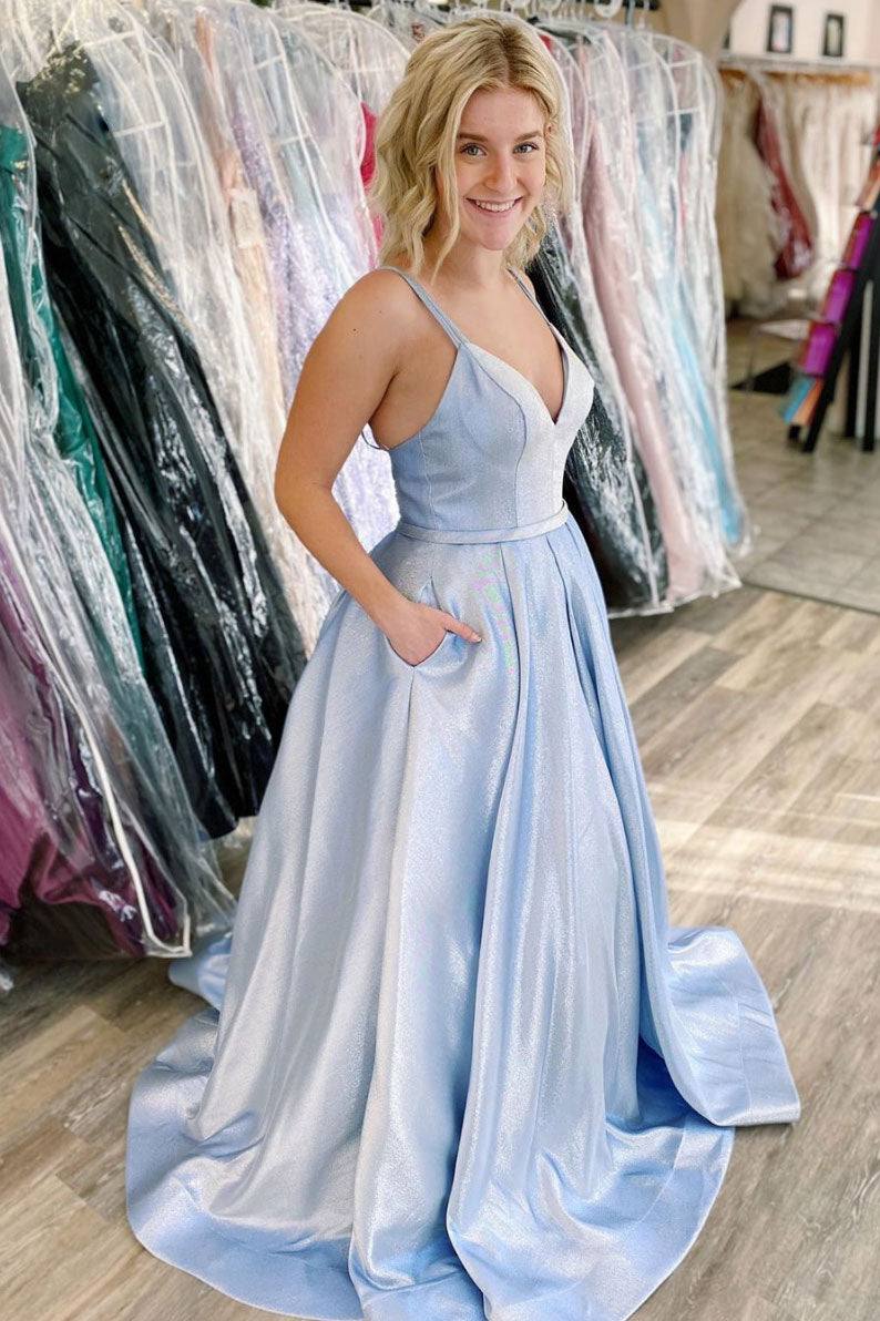 Blue v neck satin long prom dress blue satin evening dress - RongMoon