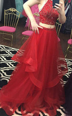 Custom made red two pieces sequin long prom dress, evening dress - RongMoon