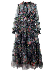 A-Line Prom Dresses Floral Dress Wedding Guest Ankle Length Long Sleeve Jewel Neck Polyester with Ruffles Pattern / Print