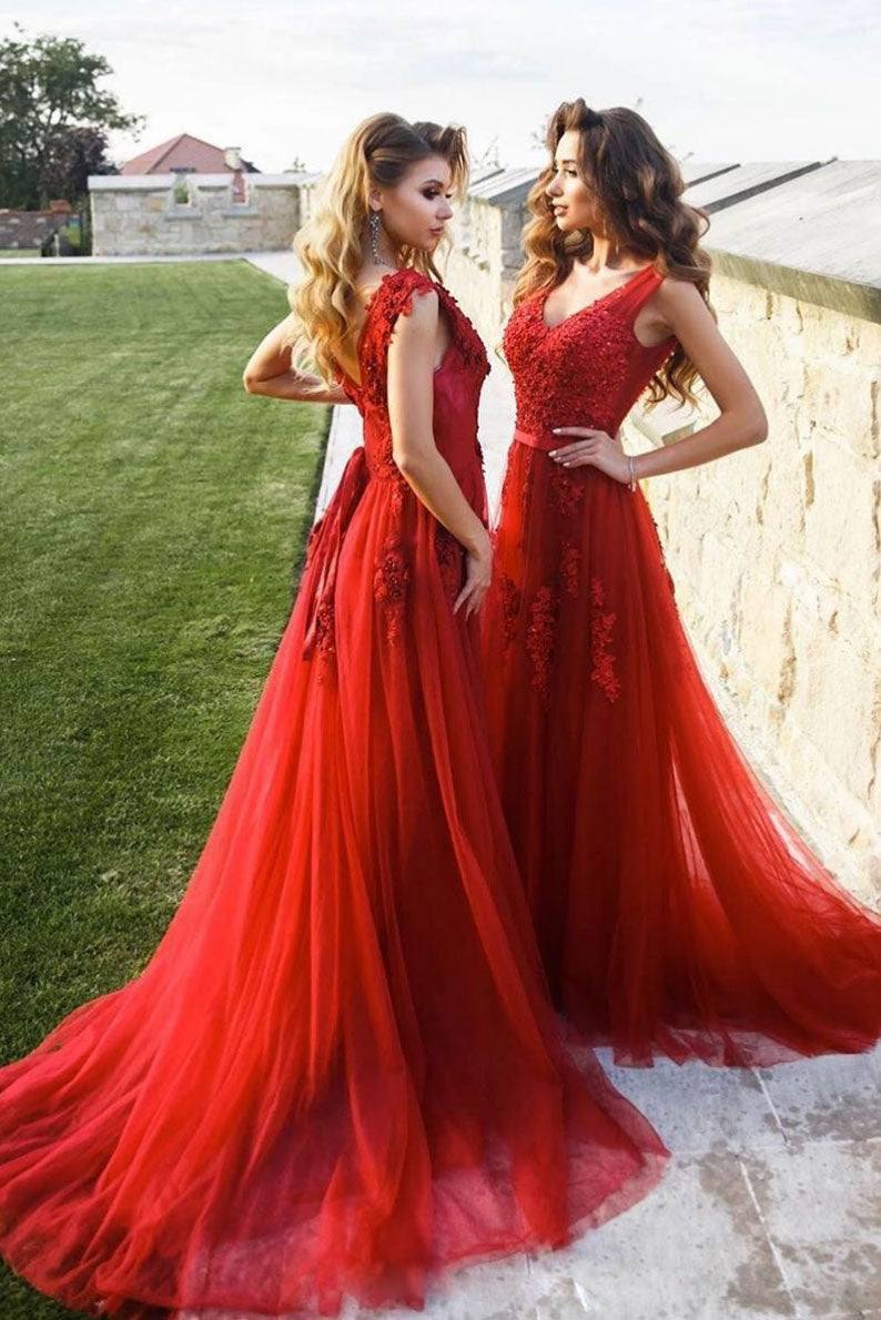 Burgundy v neck tulle lace long prom dress burgundy bridesmaid dress - RongMoon