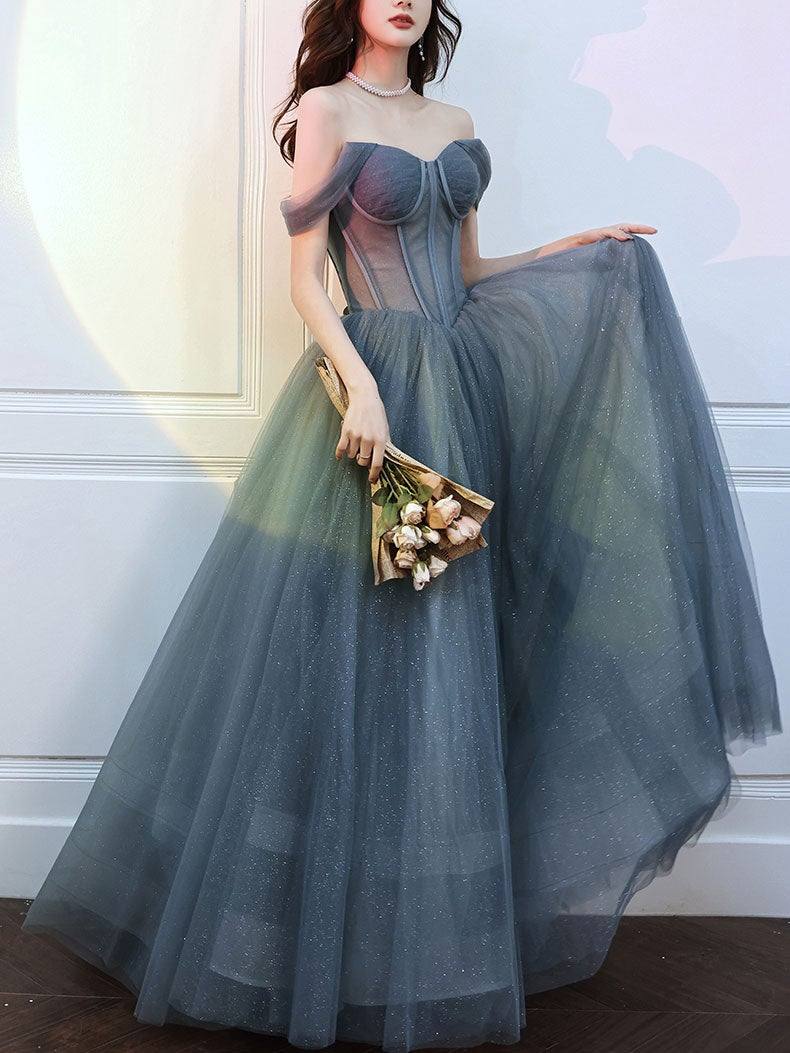 Gray blue tulle long prom dress, gray tulle formal dress - RongMoon
