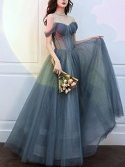 Gray blue tulle long prom dress, gray tulle formal dress - RongMoon